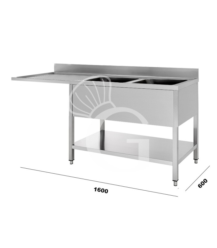Lavello con vano lavastoviglie, 2 vasche, 1 gocciolatoio, mis.1600x600mm