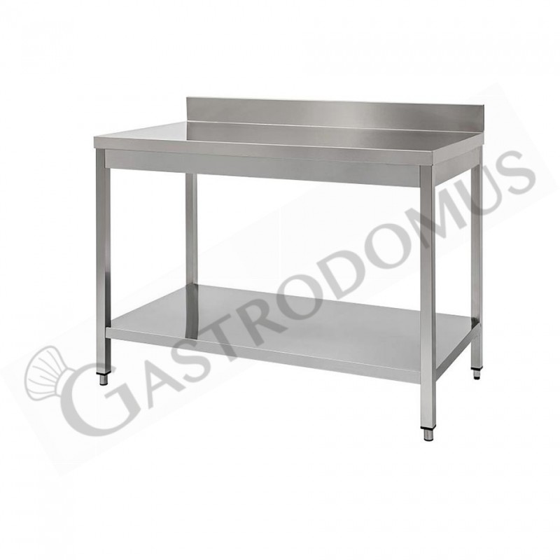 Tavolo in acciaio inox con 1 ripiano e alzatina, misure 1100x700mm Tavolo in acciaio inox con 1 ripiano e alzatina, misure 1100x700mm