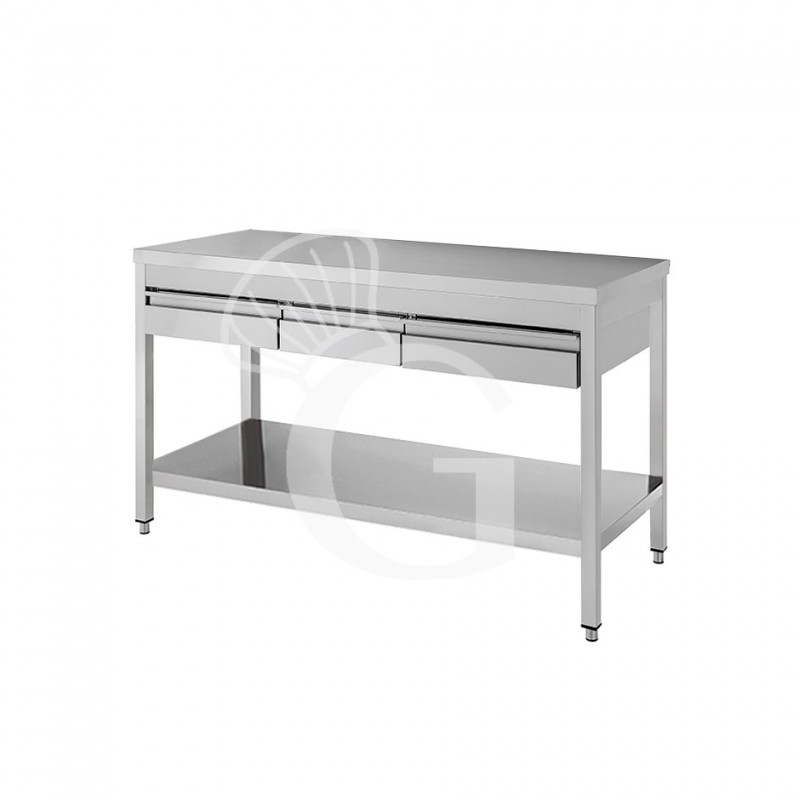 Tavolo in acciaio inox con ripiano e 3 cassetti, misure 1500x600mm Tavolo in acciaio inox con ripiano e 3 cassetti, misure 1500x600mm