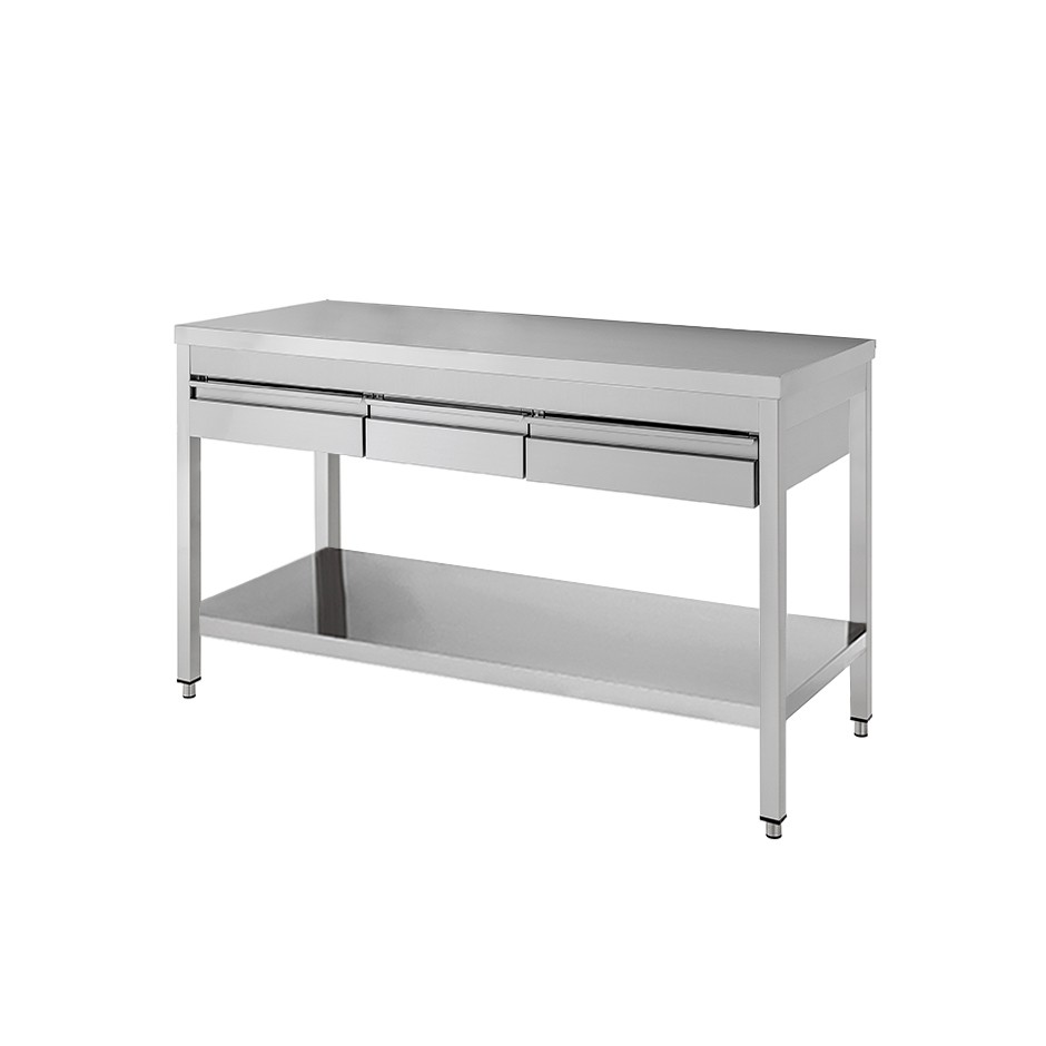 Tavolo in acciaio inox con ripiano e 3 cassetti, misure 1500x600mm