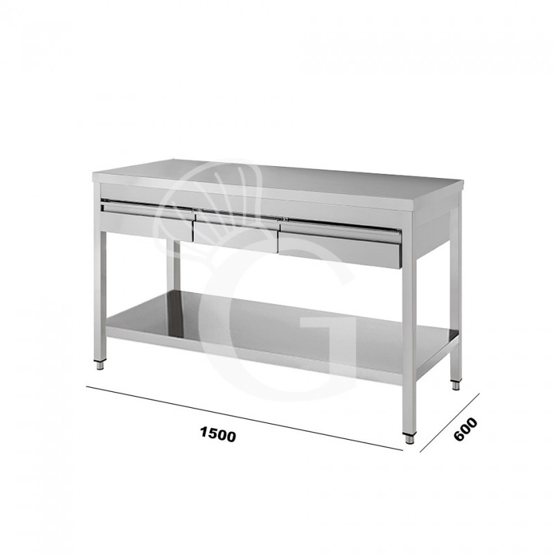 Tavolo in acciaio inox con ripiano e 3 cassetti, 1500x600 per ristorazione