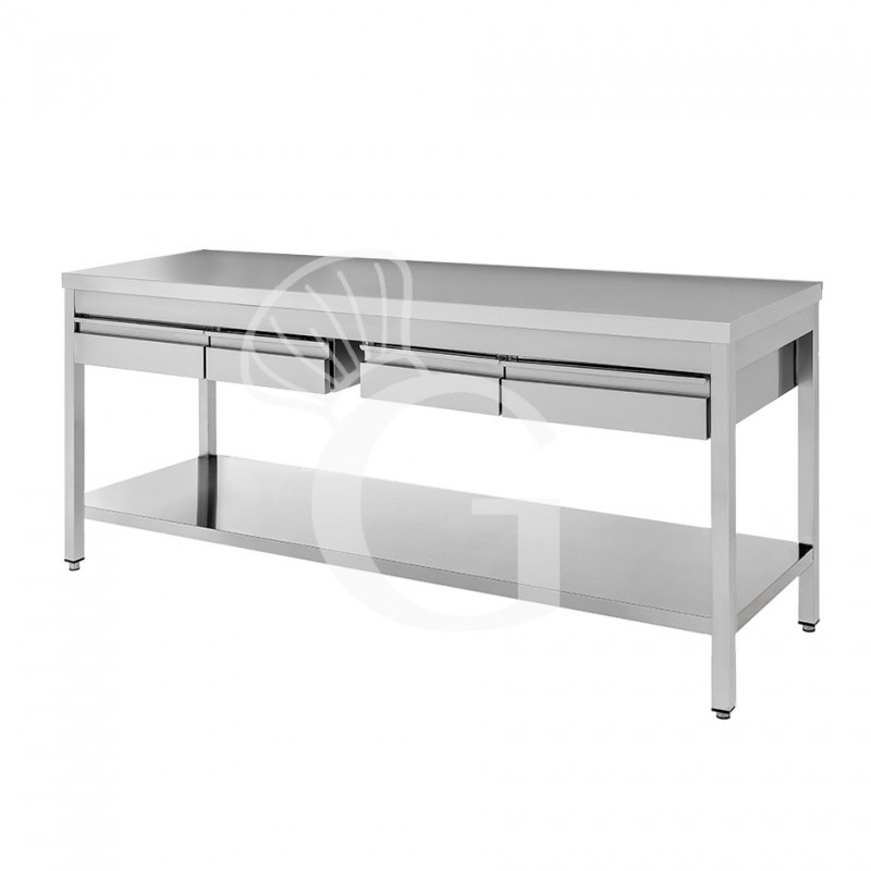 Tavolo in acciaio inox con ripiano e 4 cassetti, misure 2000x600mm Tavolo in acciaio inox con ripiano e 4 cassetti, misure 2000x600mm