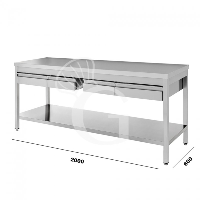 Tavolo in acciaio inox con ripiano e 4 cassetti, 2000x600 per ristorazione