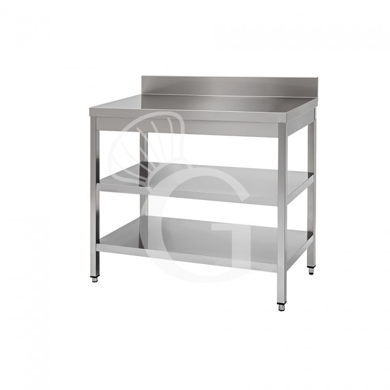 Tavolo in acciaio inox con 2 ripiani alzatina, misure 800x600mm