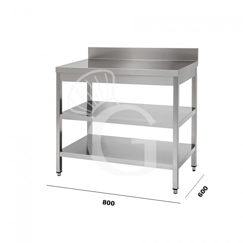 Tavolo in acciaio inox con 2 ripiani alzatina, 800x600 uso professionale