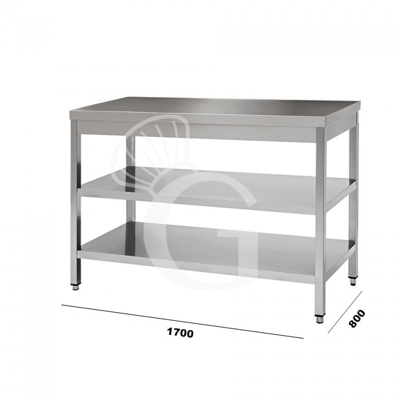 Tavolo in acciaio inox con 2 ripiani, misure 1700x800mm