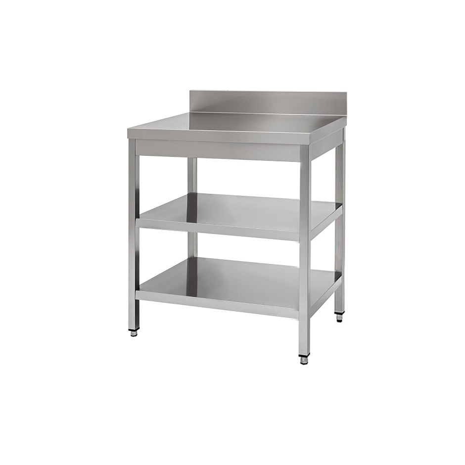Tavolo in acciaio inox con 2 ripiani, alzatina misure 600x800mm