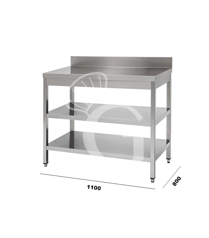 Tavolo in acciaio inox con 2 ripiani, alzatina mis. 1100x800mm