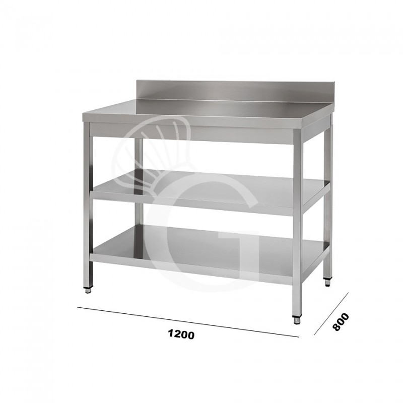 Tavolo in acciaio inox con 2 ripiani, alzatina mis. 1200x800mm