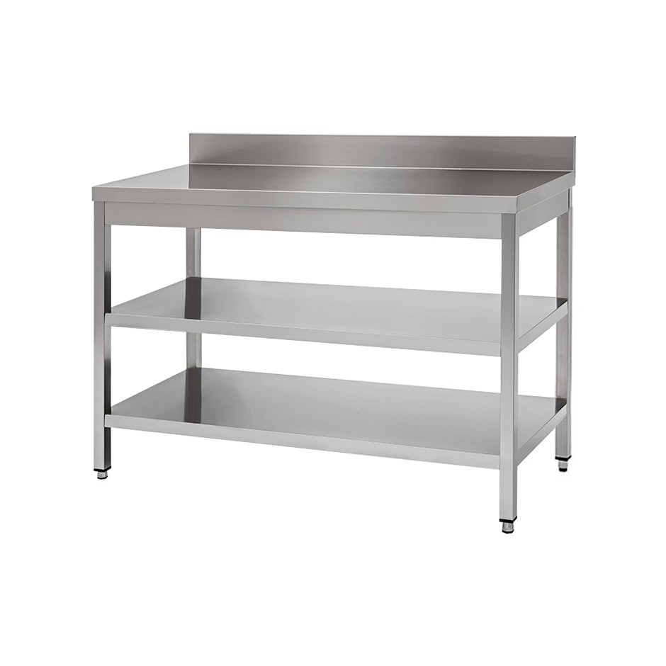 Tavolo in acciaio inox con 2 ripiani, alzatina misure 1700x800mm