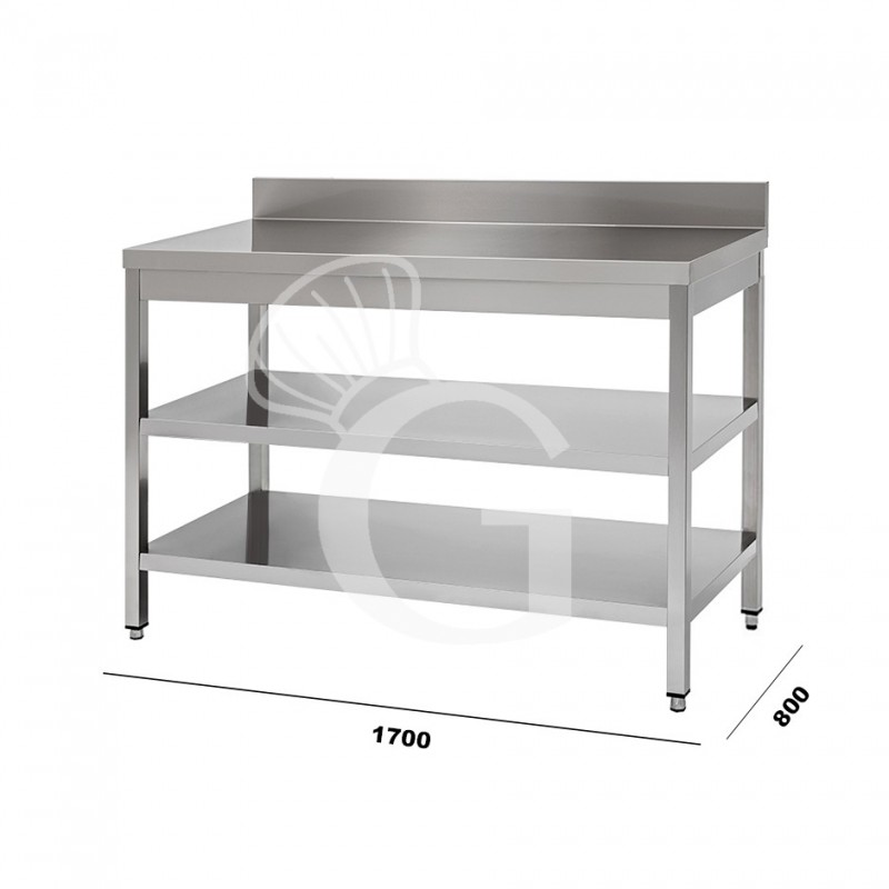 Tavolo in acciaio inox con 2 ripiani, alzatina mis. 1700x800mm