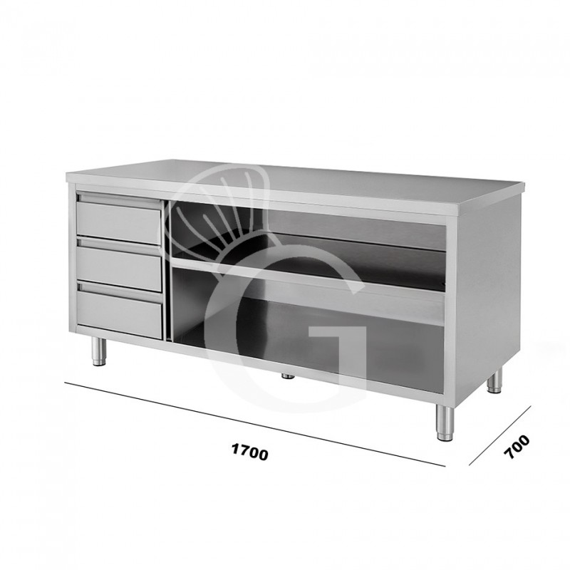 Tavolo in inox a giorno con 3 cassetti a sinistra, misure 1700x700mm