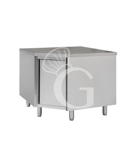 Tavolo armadiato ad angolo in inox con porta battente, profondità 700mm