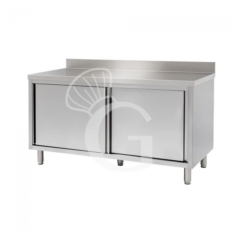 Tavolo armadiato in inox 2 porte scorrevoli, alzatina misure 1600x600mm