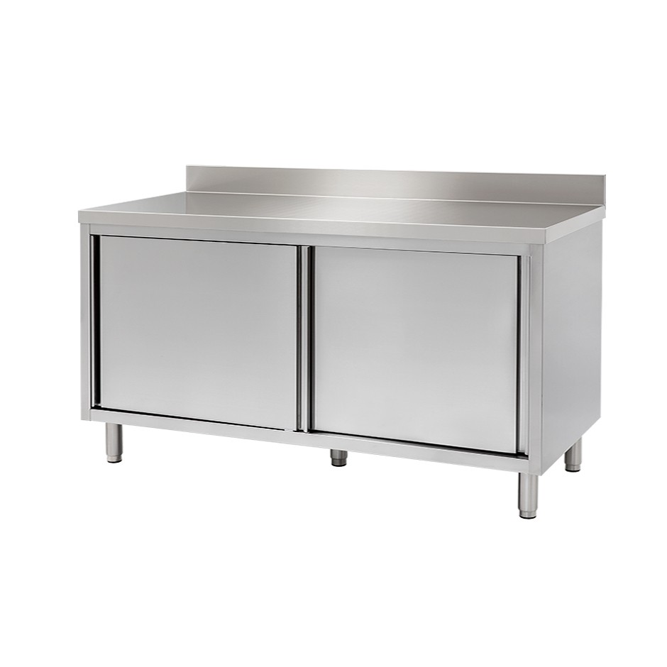 Tavolo armadiato in inox 2 porte scorrevoli, alzatina misure 1600x600mm