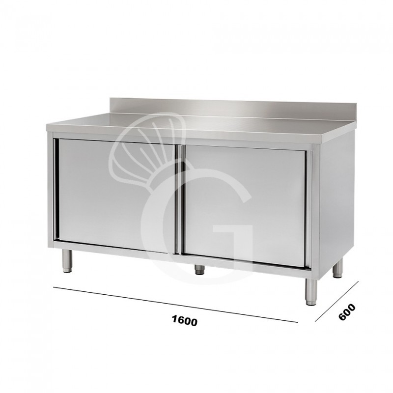 Tavolo armadiato in inox 2 porte scorrevoli, alzatina mis.1600x600