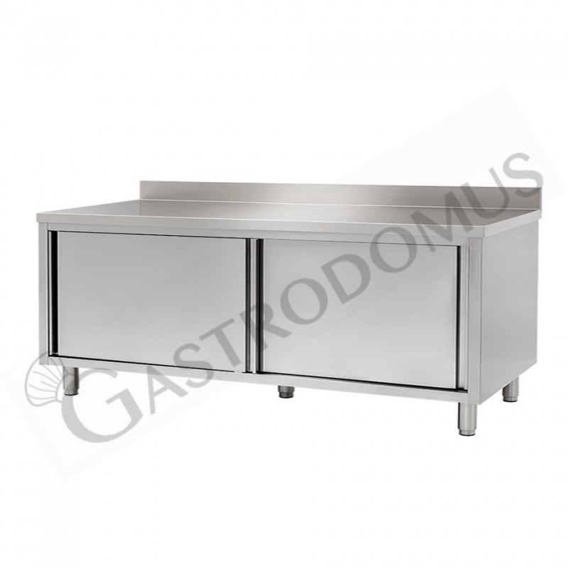 Tavolo armadiato in inox 2 porte scorrevoli, alzatina misure 2000x600mm