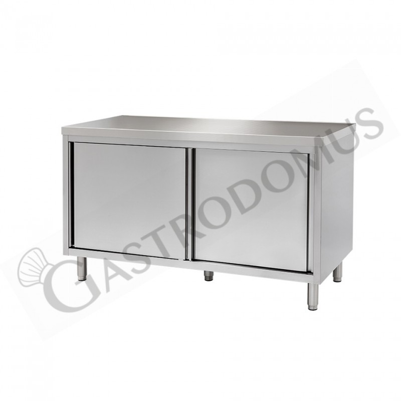 Tavolo armadiato in inox 2 porte scorrevoli, misure 1300x700mm