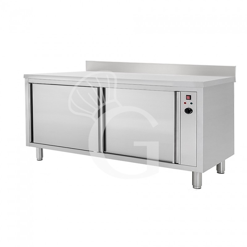 Tavolo armadiato riscaldato in inox con porte scorrevoli e alzatina, misure 1700x600mm