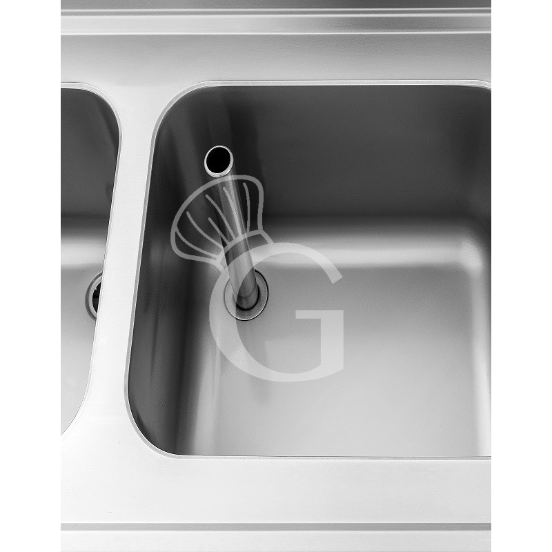 Lavello semplice con alzatina, 1 ripiano, 2 vasche, gocciolatoio a destra, L1400xP600xH950mm