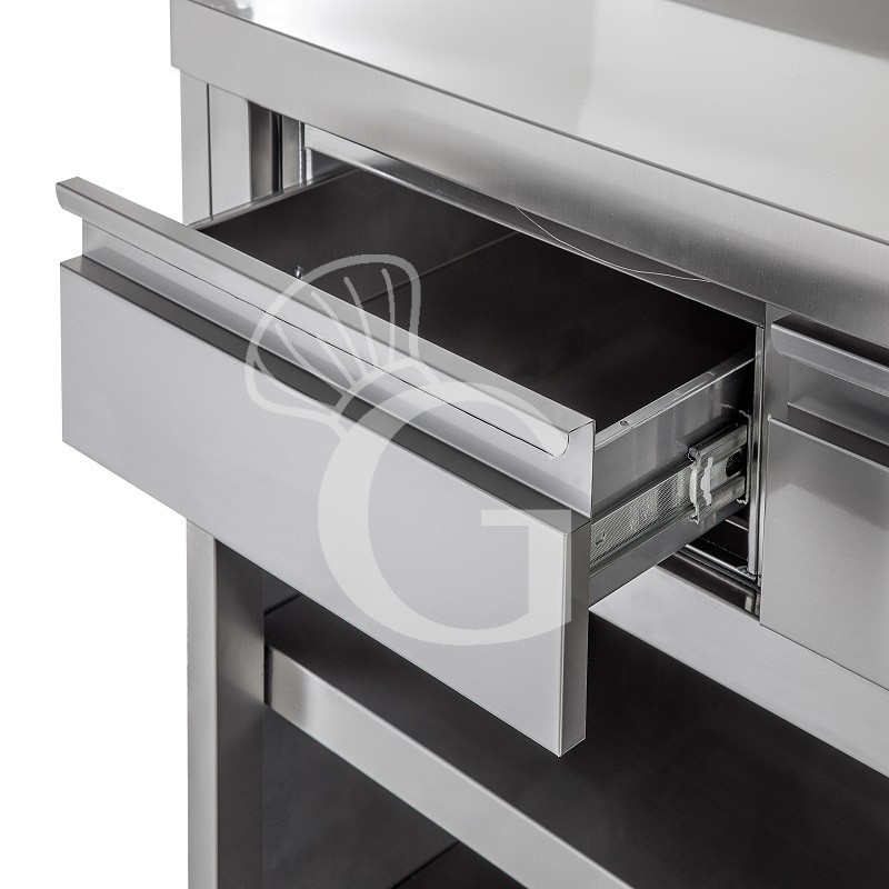 Tavolo a giorno in acciaio inox con 2 cassetti, L 1000 mm x P 700 mm x H 850 mm