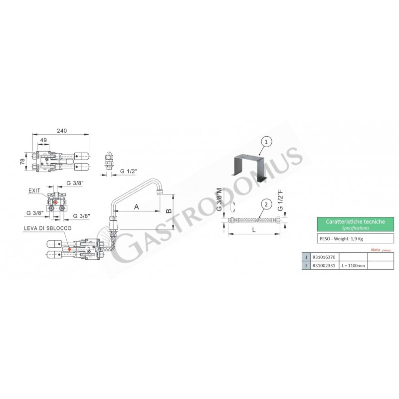 Rubinetto miscelatore a doppio pedale Euro con leva di sblocco e basetta esagonale