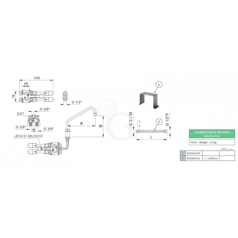 Rubinetto miscelatore a doppio pedale Euro con leva di sblocco e basetta esagonale - 300 x 190 mm