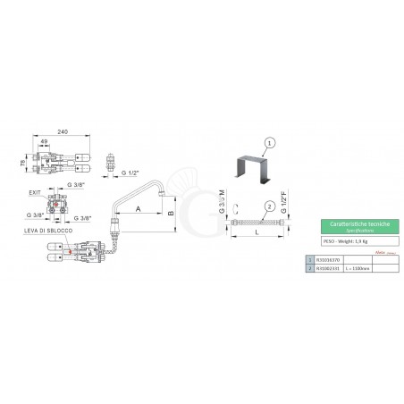 Rubinetto miscelatore a doppio pedale Euro con leva di sblocco e basetta esagonale - 300 x 190 mm Rubinetto miscelatore a doppio pedale Euro con leva di sblocco e basetta esagonale - 300 x 190 mm