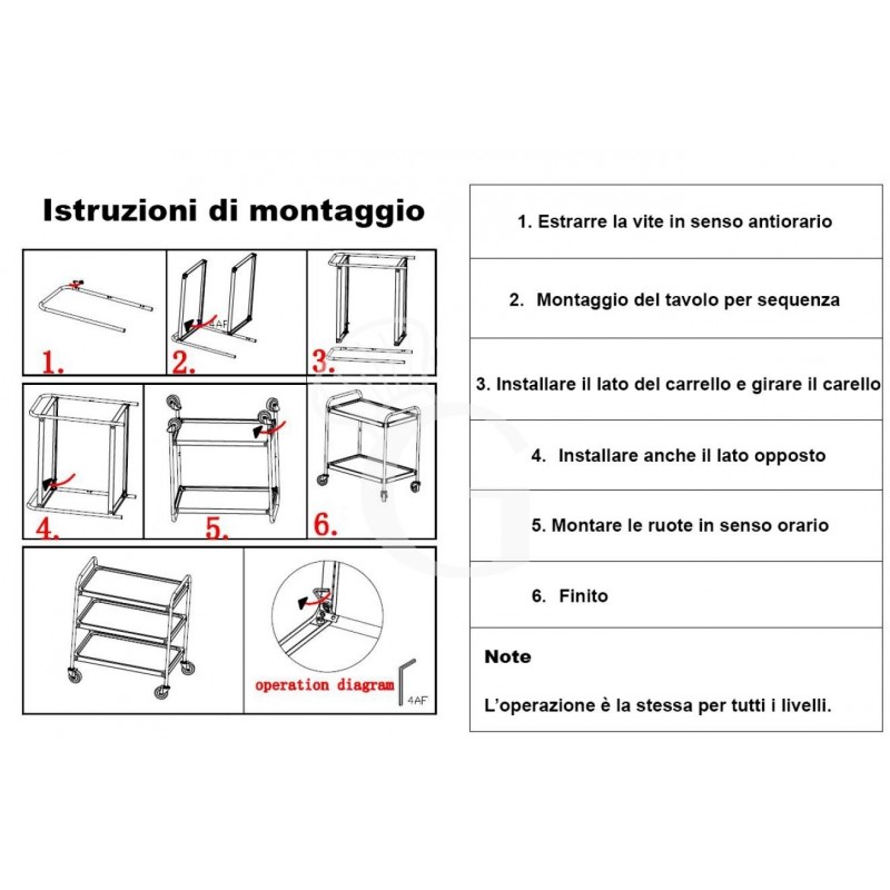 Carrello di servizio in acciaio inox con 2 piani L 1085 mm x P 590 mm x H 935 mm