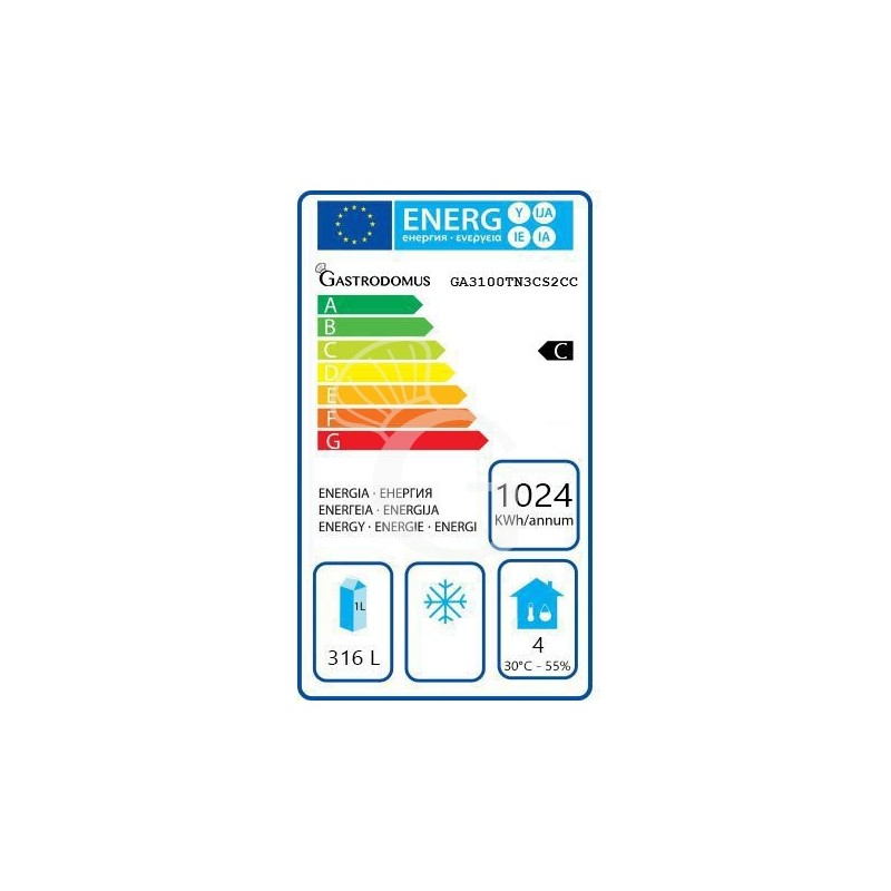 Scheda energetica tavolo frigo con 1 porta e 5 cassetti, Prof. 700 e temperatura -2°C/+8°C