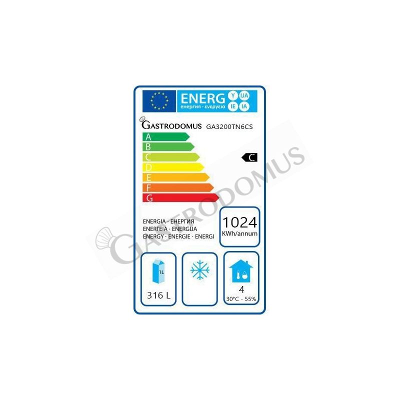 Scheda energetica tavolo frigo con 1 porta e 6 cassetti, alzatina, Prof. 700 e temperatura -2°C/+8°C