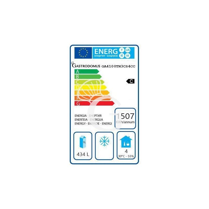 Scheda energetica tavolo frigo con 1 porta e 7 cassetti, Prof. 700 e temperatura -2°C/+8°C