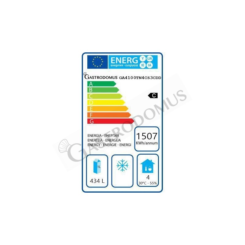Scheda energetica tavolo frigo con 1 porta e 7 cassetti, Prof. 700 e temperatura -2°C/+8°C