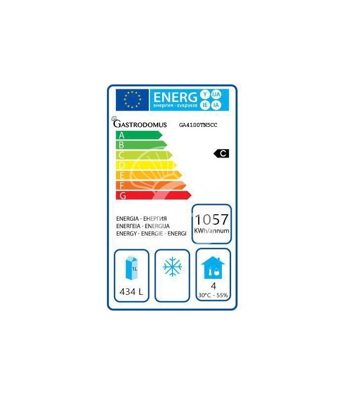 Scheda energetica tavolo frigo con 2 porte e 5 cassetti, Prof. 700 e temperatura -2°C/+8°C