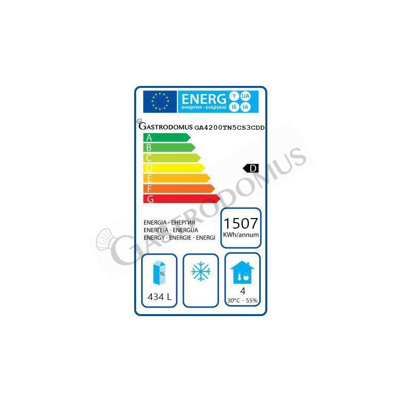 Scheda energetica tavolo frigo con 1 porta e 8 cassetti, alzatina, Prof.700 e temperatura -2°C/+8°C