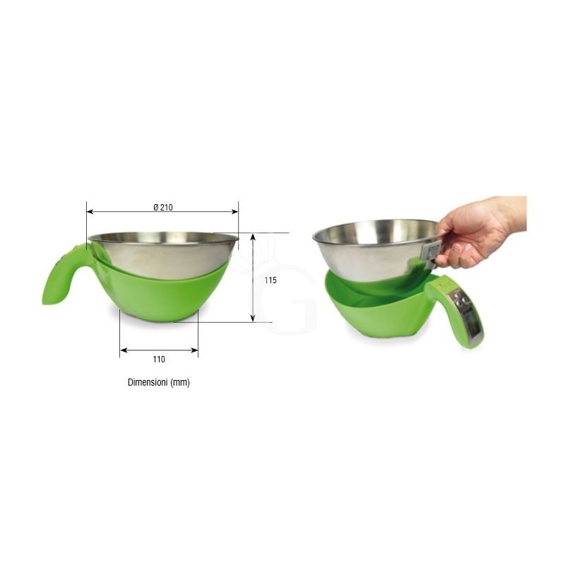 Bilancia da cucina ciotola in inox display LCD portata 5 Kg L 110 mm x diametro 210 mm x H 115 mm, scheda tecnica
