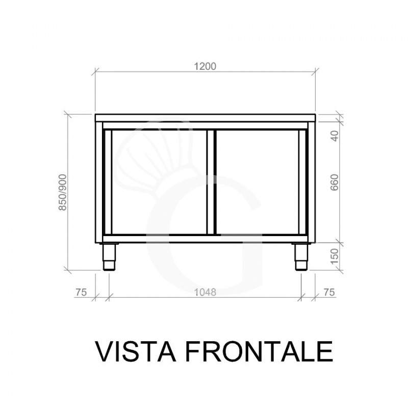 Tavolo inox armadiato con 2 porte scorrevoli, L 1200 mm x P 600 mm x H 850 mm