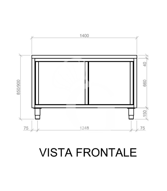 Tavolo armadiato in acciaio inox con 2 porte scorrevoli, L 1400 mm x P 600 mm x H 850 mm