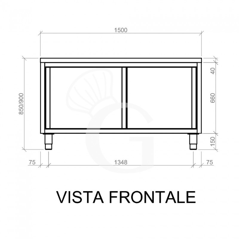 Tavolo armadiato in acciaio inox con 2 porte scorrevoli, L 1500 mm x P 600 mm x H 850 mm