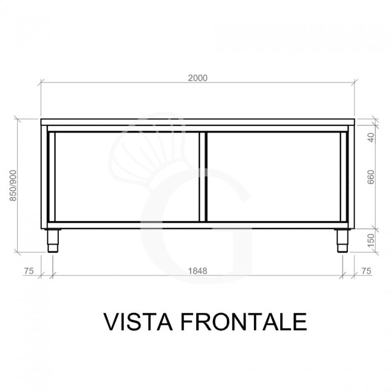 Tavolo armadiato in acciaio inox con 2 porte scorrevoli, L 2000 mm x P 600 mm x H 850 mm