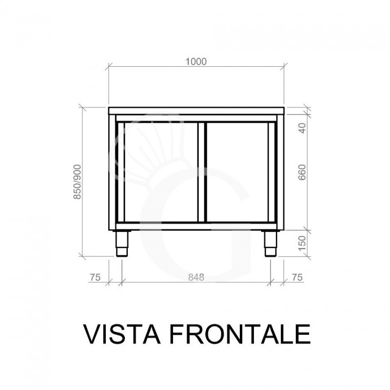 Tavolo armadiato in acciaio inox con 2 porte scorrevoli, L 1000 mm x P 700 mm x H 850 mm