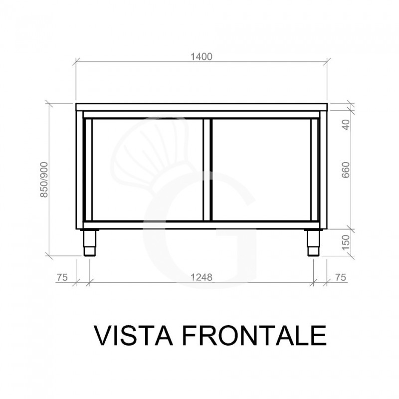 Tavolo armadiato in acciaio inox con 2 porte scorrevoli, L 1400 mm x P 700 mm x H 850 mm