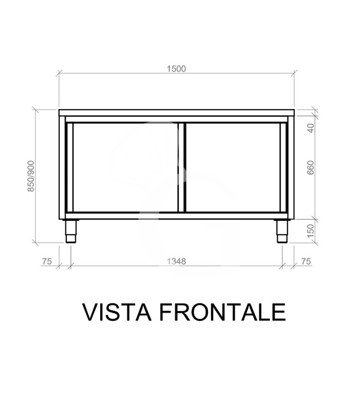 Tavolo armadiato in acciaio inox con 2 porte scorrevoli, L 1500 mm x P 700 mm x H 850 mm