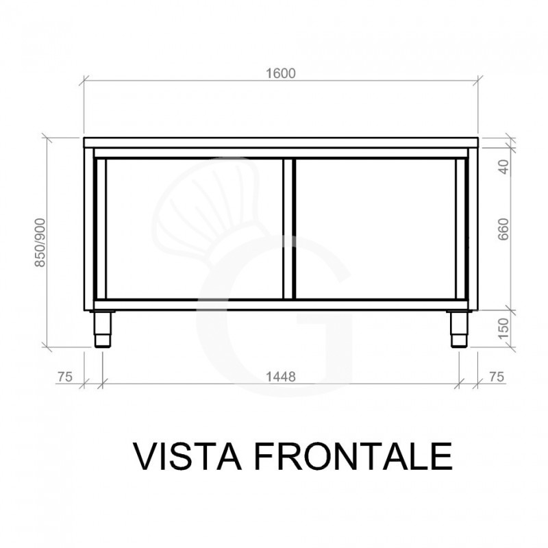 Tavolo armadiato in acciaio inox con 2 porte scorrevoli, L 1600 mm x P 700 mm x H 850 mm