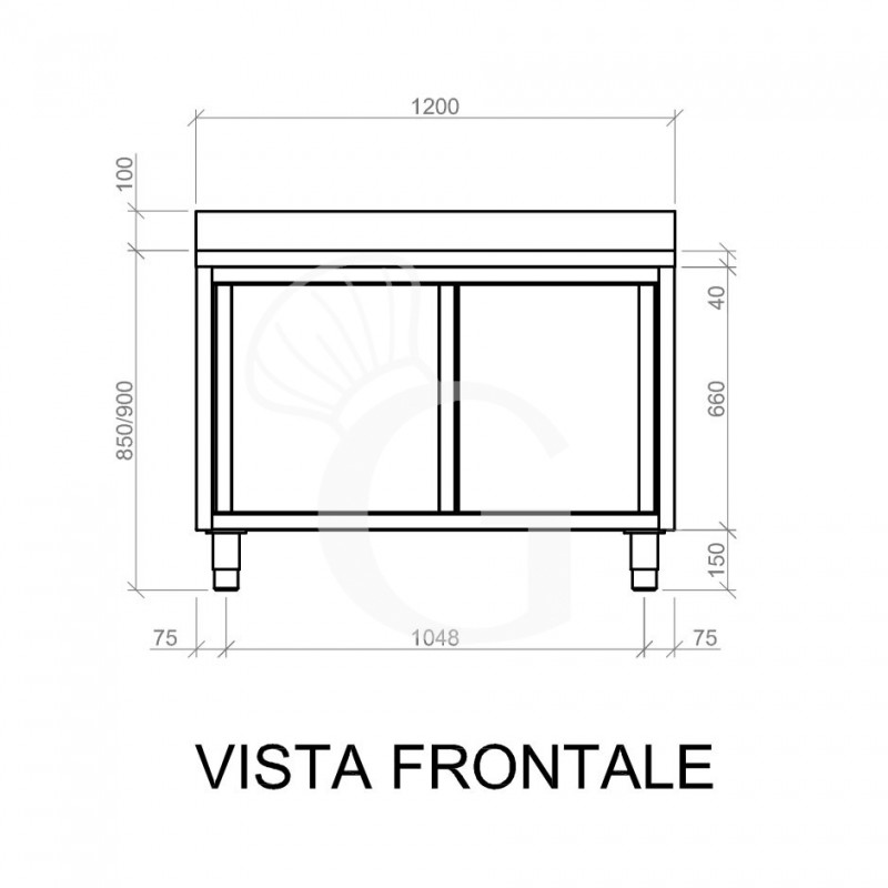 Tavolo armadiato inox con 2 porte scorrevoli e alzatina, L 1200 mm x P 600 mm x H 950 mm