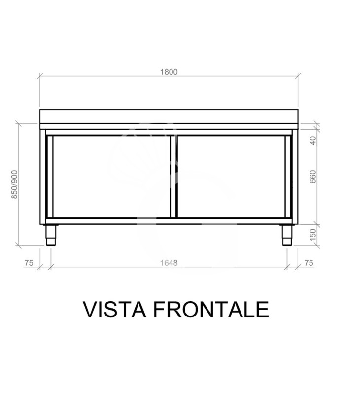 Tavolo inox armadiato con 2 porte scorrevoli e alzatina, L 1800 mm x P 800 mm x H 950 mm