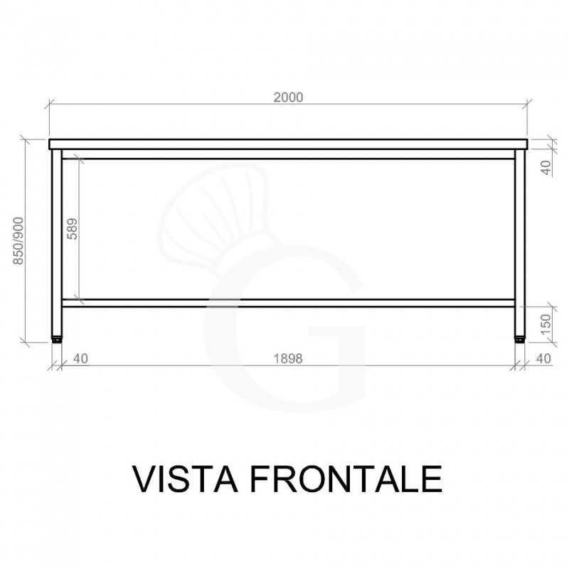 Tavolo inox L 2000 mm x P 600 mm x H 850 mm