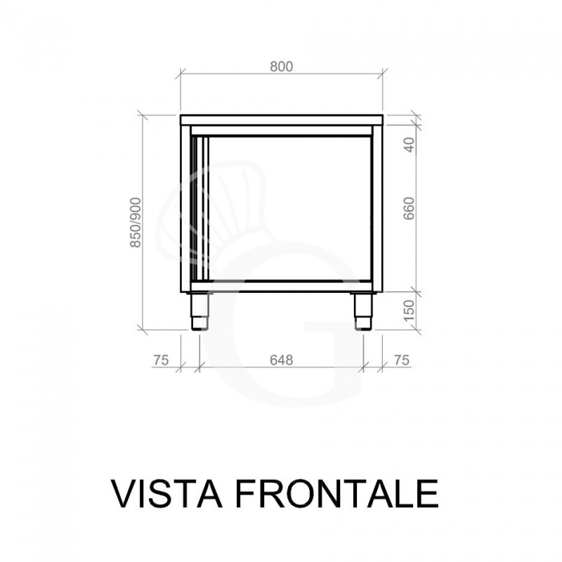 Tavolo inox armadiato con 1 porta battente, L 800 mm x P 600 mm x H 850 mm