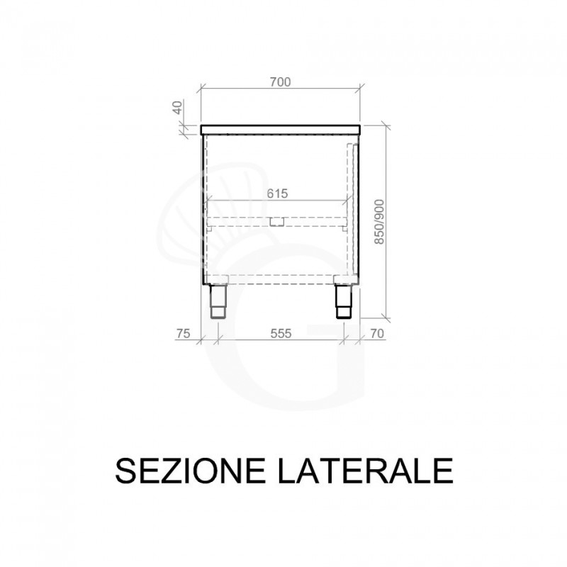 Tavolo armadiato inox con 1 porta battente, L 800 mm x P 700 mm x H 850 mm