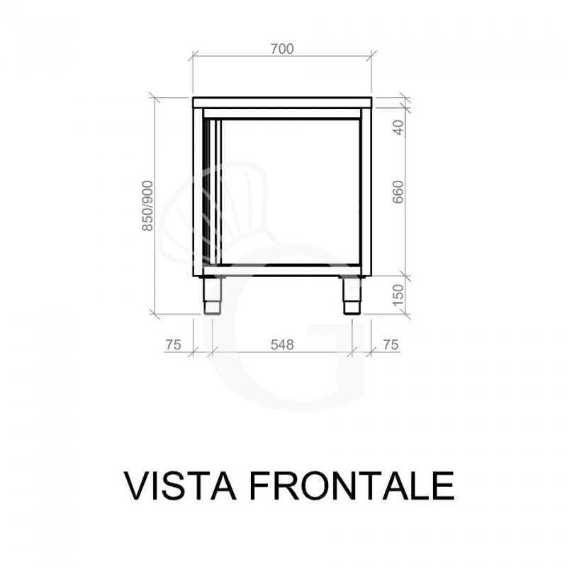 Tavolo inox armadiato con 1 porta battente, L 700 mm x P 600 mm x H 850 mm
